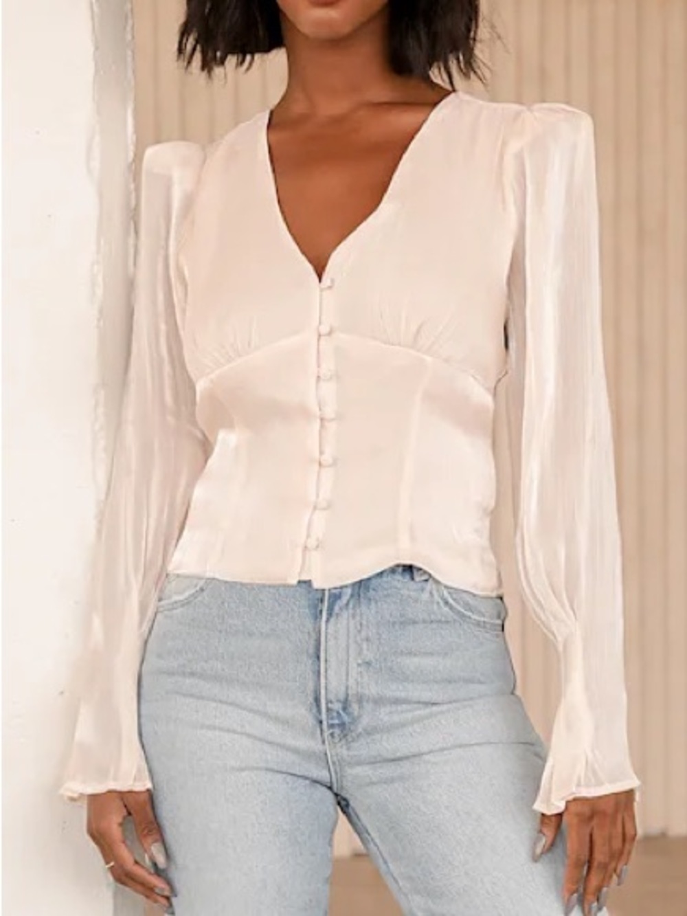 Lulu's Special Occasion Blush Satin Button-Front Long Sleeve Crop Top